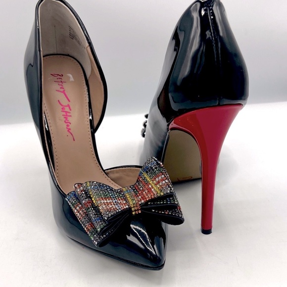 Betsey Johnson Shoes - Betsey Johnson Black Patent with Red Heel and Rhinestone Bow